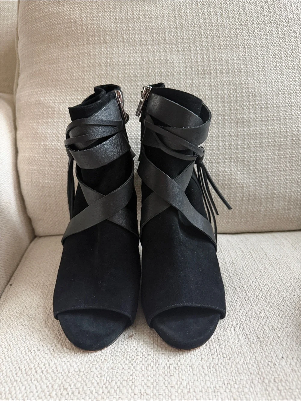Black Suede Peep-Toe Ankle Booties with Wrap Straps